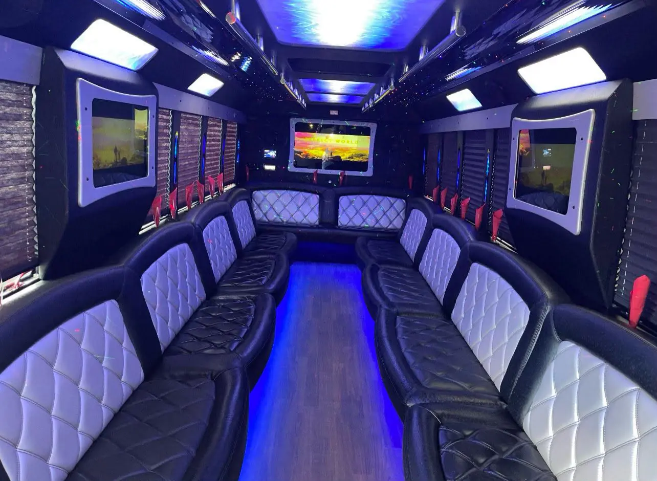 Wide blue and white lit lounge interior