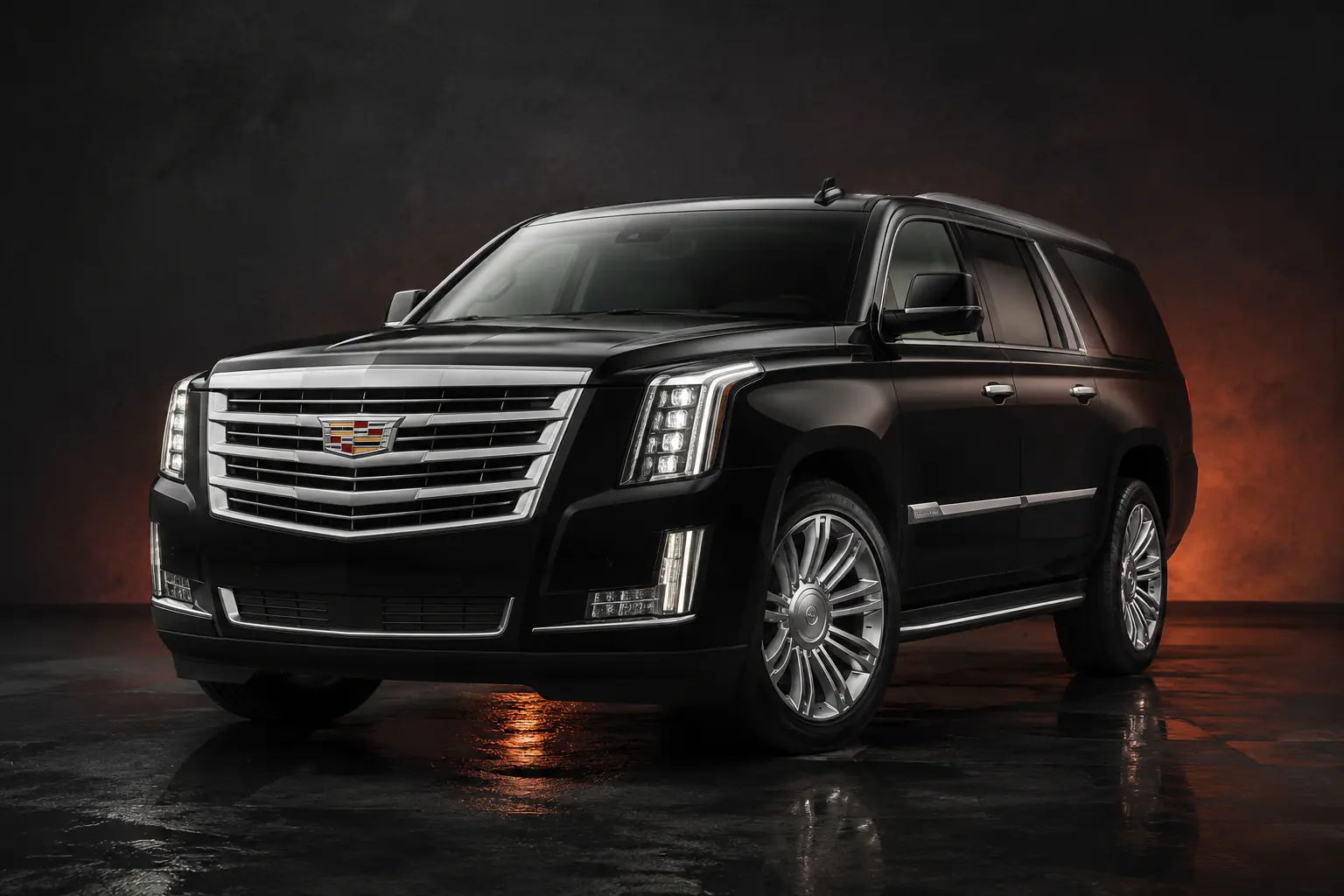 Black Cadillac Escalade SUV photographed from the rear three-quarter angle