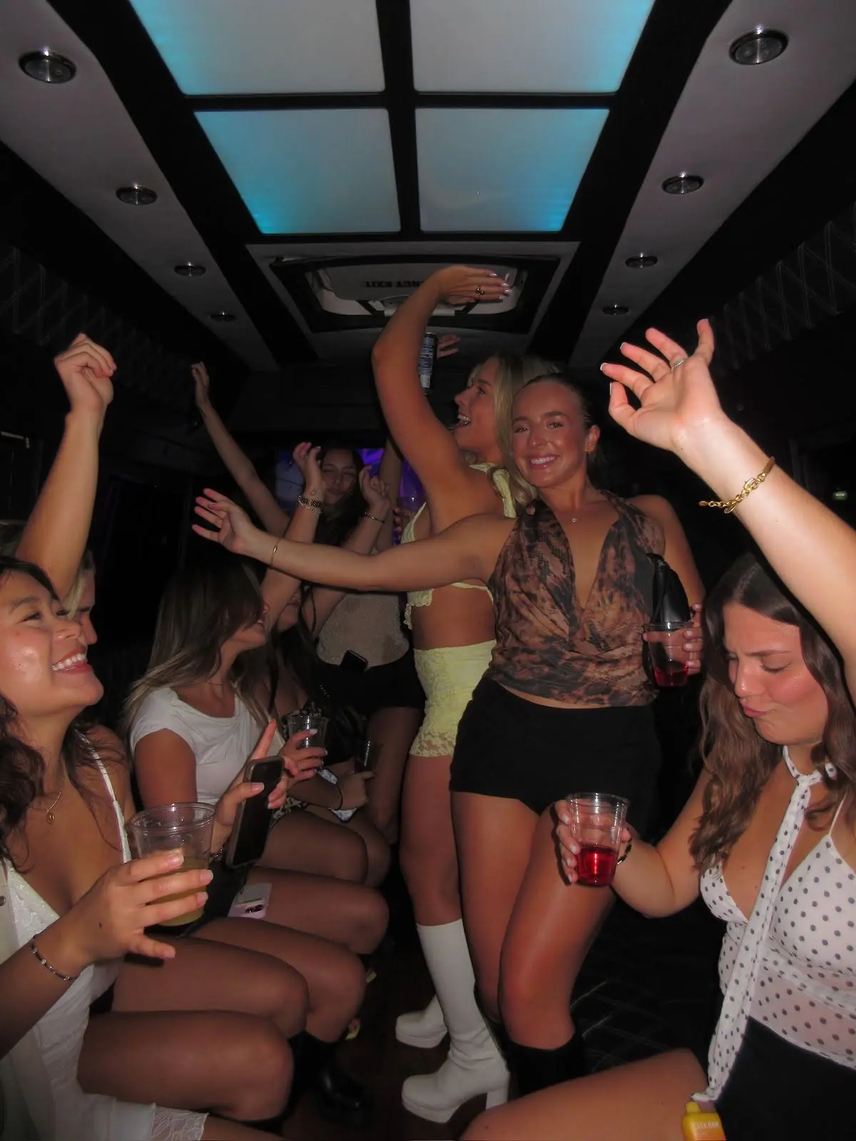 Guests celebrating together inside an illuminated party cabin