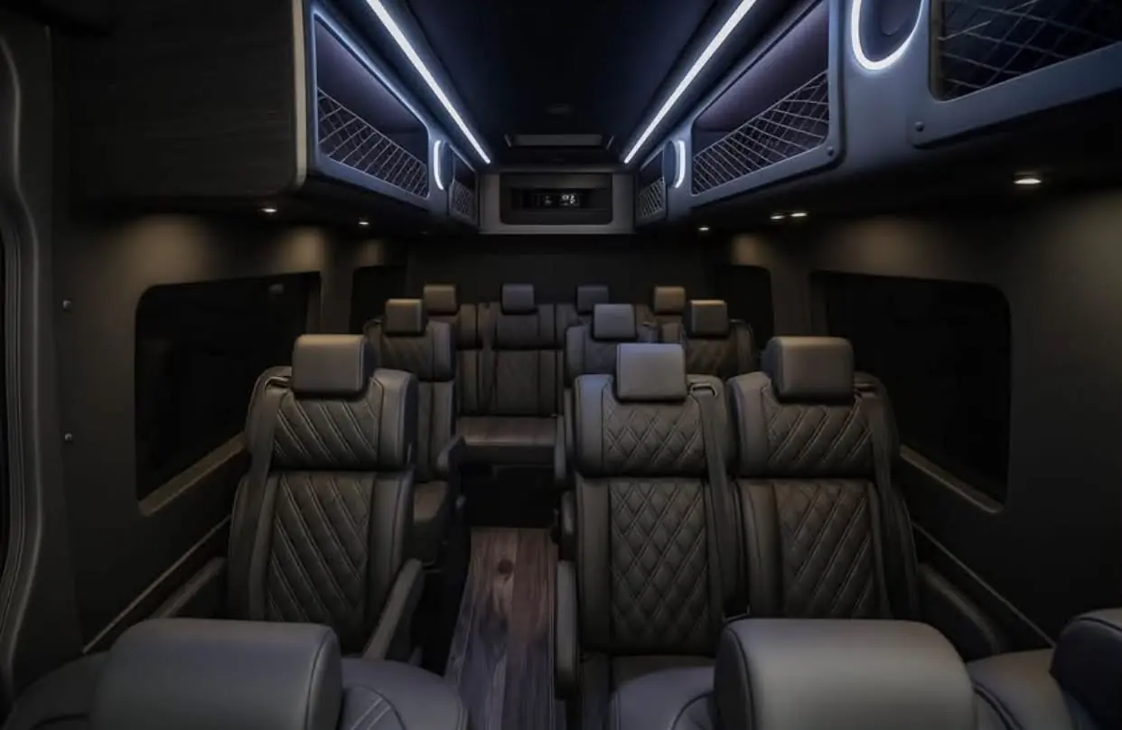 Wide view of a dark forward-facing executive cabin